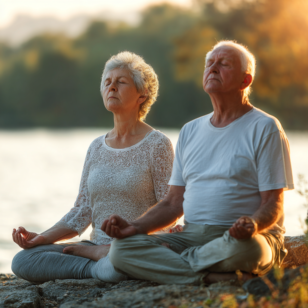 Peaceful elderly European woman practicing breathing exercises in a serene yoga studio, smiling gently with eyes closed