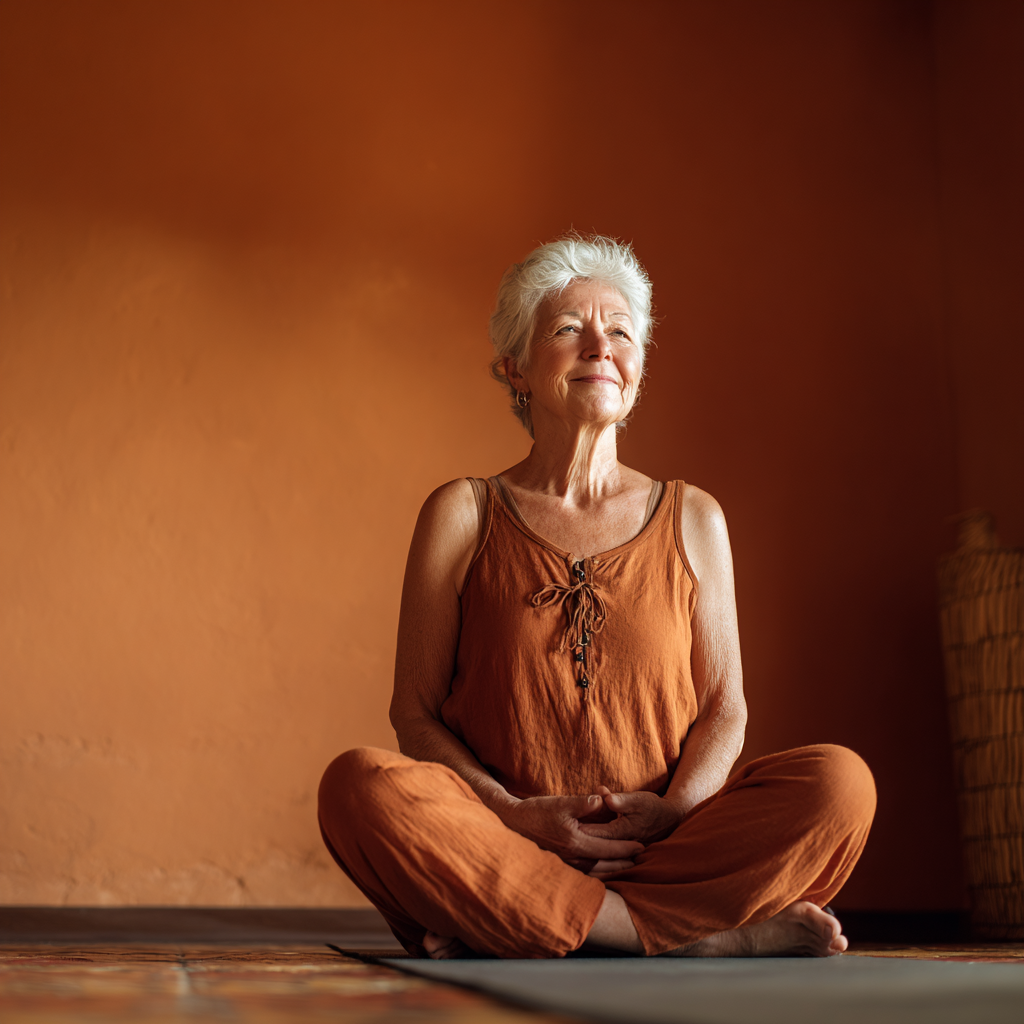 Group of smiling elderly European people practicing gentle yoga stretches on mats in a bright, airy studio