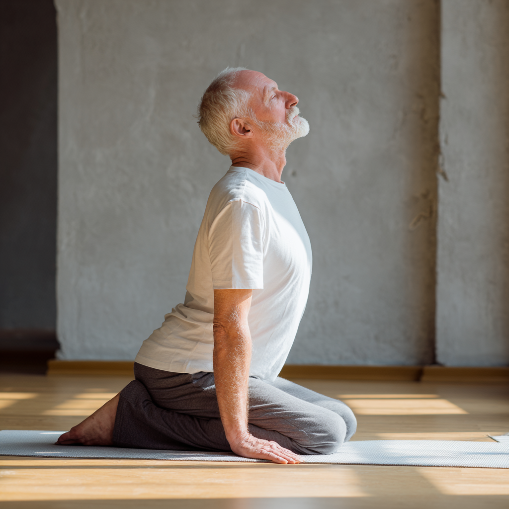 Serene elderly European woman in comfortable clothing doing gentle evening yoga poses in a softly lit bedroom, looking peaceful and relaxed