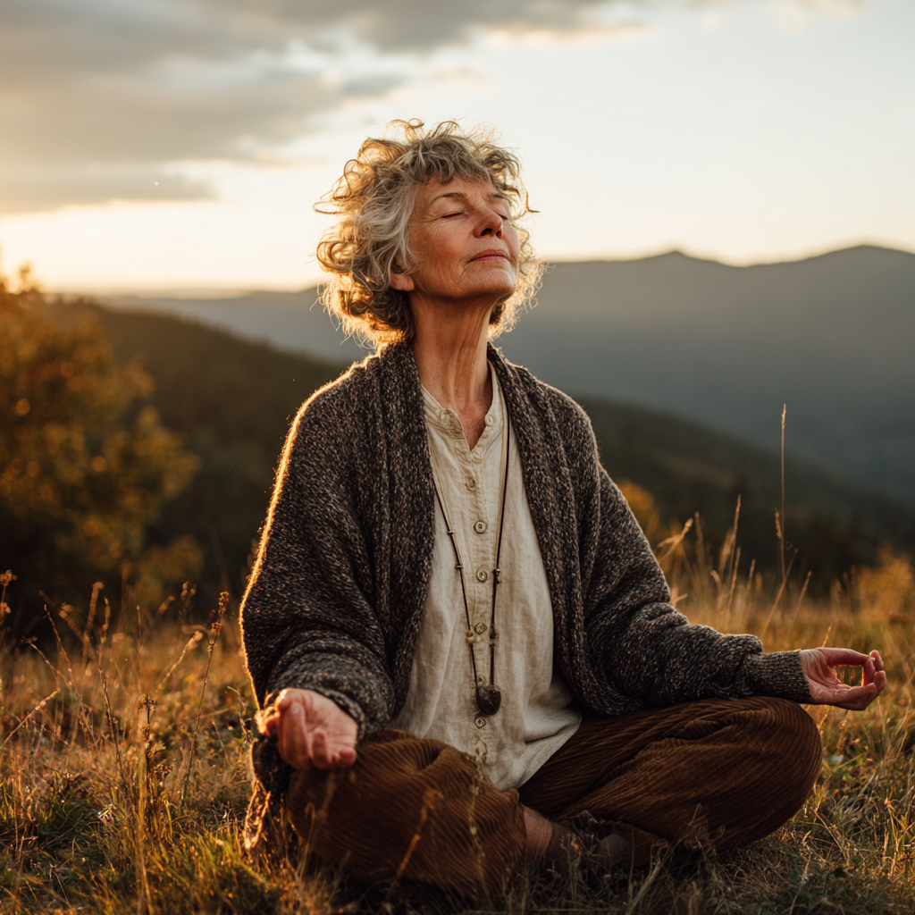 Happy elderly European couple practicing morning yoga together outdoors in a peaceful garden setting, both smiling warmly